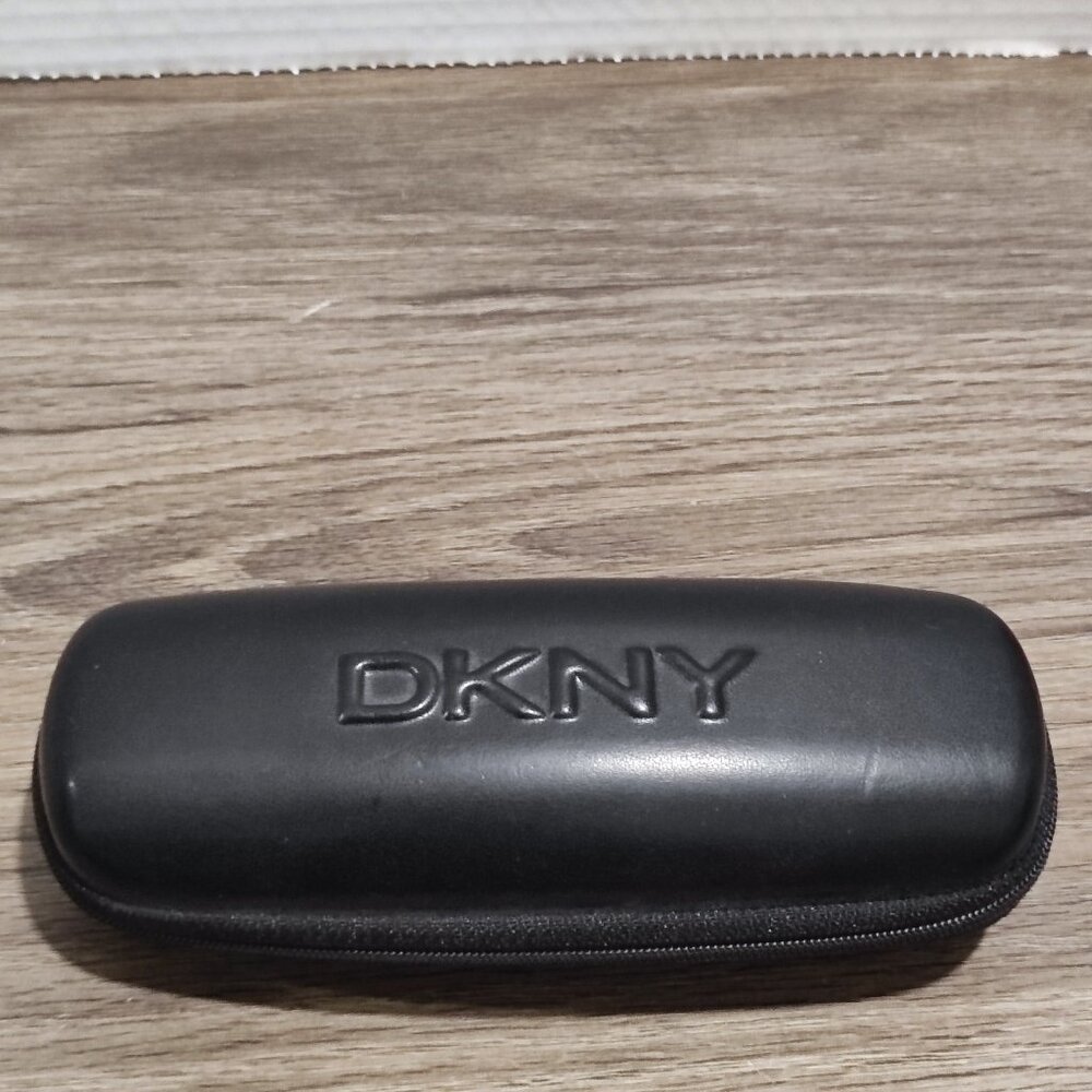 DKNY eye glasses case black faux leather inside brand name printed pattern